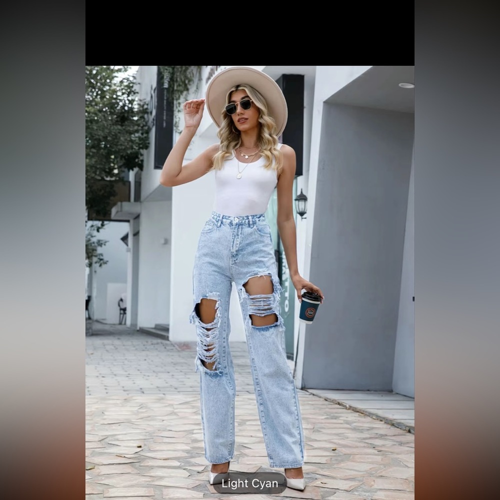 Ripped Straight Leg Jeans, High-Rise Light Wash Straight Leg Denim Pants